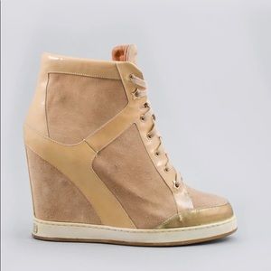 Jimmy Choo | BEIGE SUEDE HIGH-TOP SNEAKER WEDGES